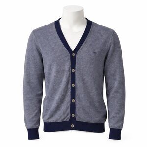 Size M Dockers Men’s Navy Heather Button Cardigan Sweater Logo